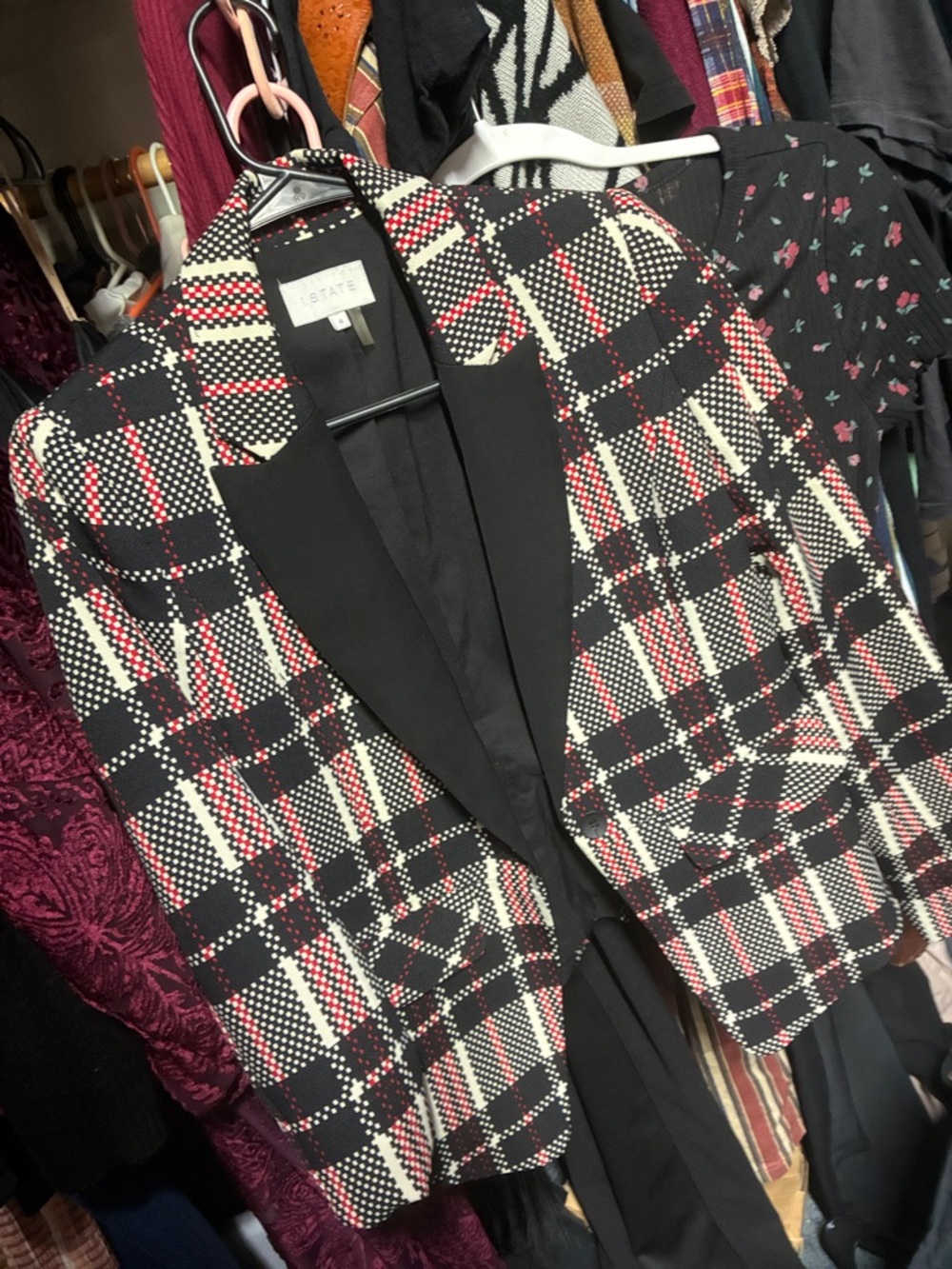 I.S.T.A.T.E. Black and White Plaid Blazer with Red Accents